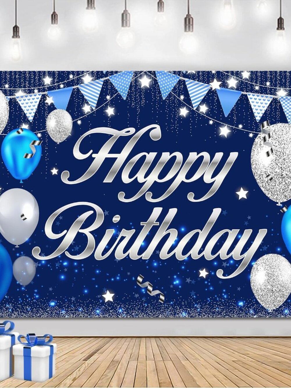 Happy Birthday Banner - s for Men Women Boys Girls Blue Sliver Birthday Party Ba